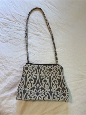 Embroidered Floral Shoulder Bag in Charcoal and Ivory